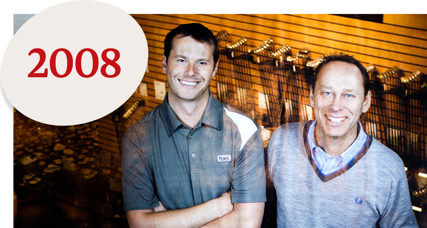 Two smiling men are standing next to each other in a shop environment, with the text "2008" in red in the top left corner.