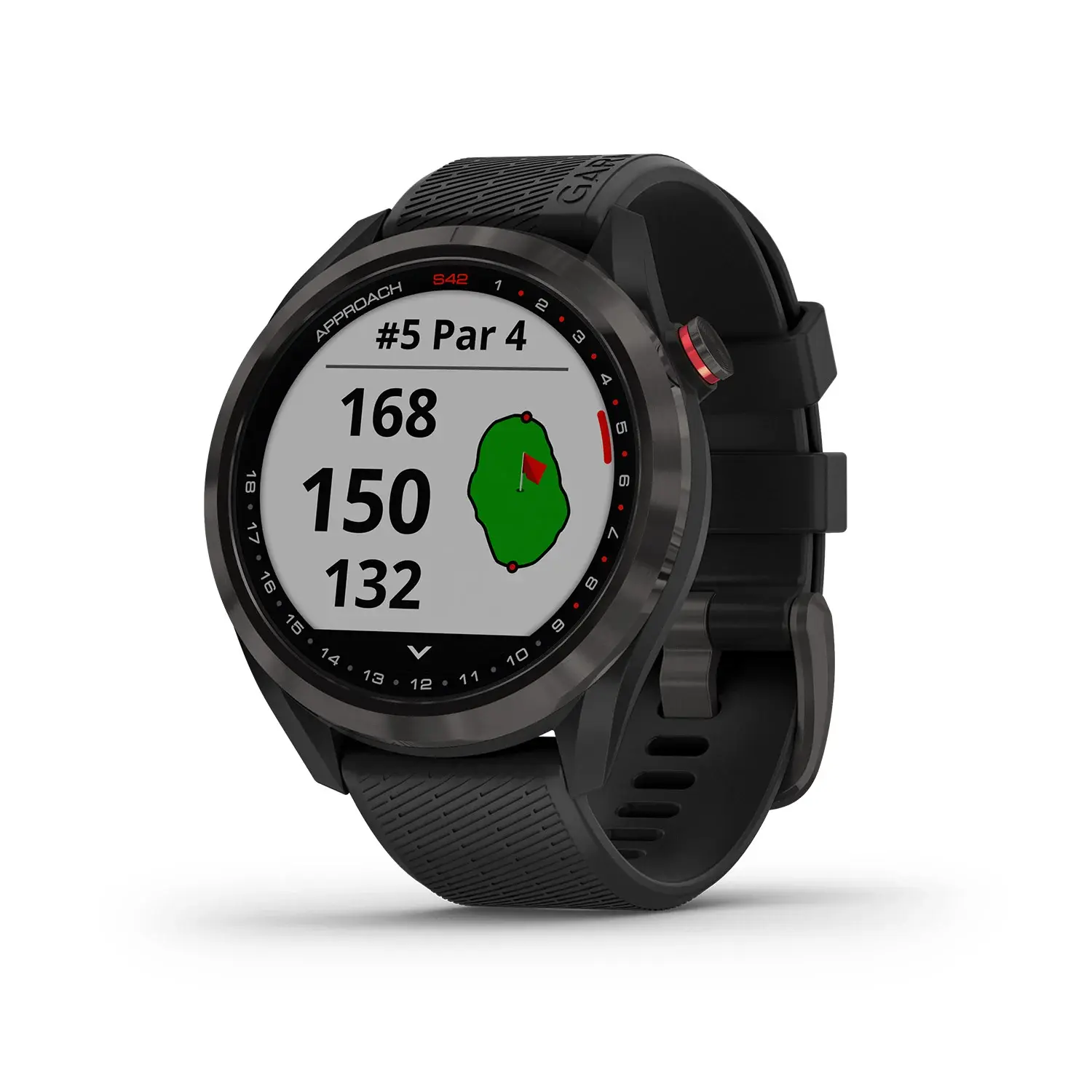The black Garmin Approach S42 golf watch displays hole information, distance to the green, and a graphical course map on the screen.