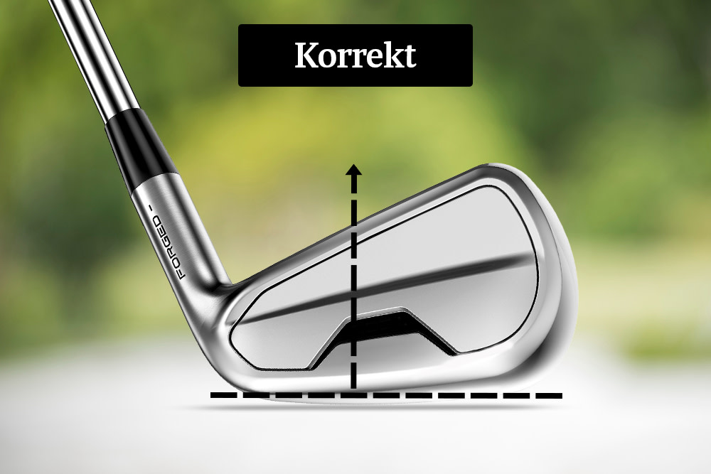 En golfklubba hålls rakt med streckade linjer som visar korrekt position, texten "Correct" visas ovanför.