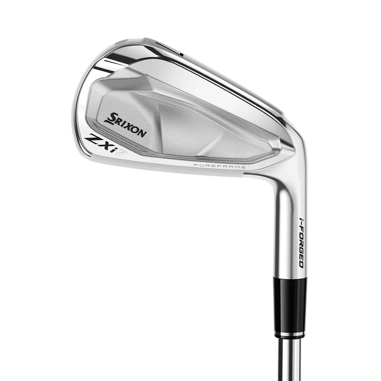 Srixon ZX7 järnklubba med silverfärgad design, texten "PUREFRAME" och "i-FORGED" synlig på klubbhuvudet.