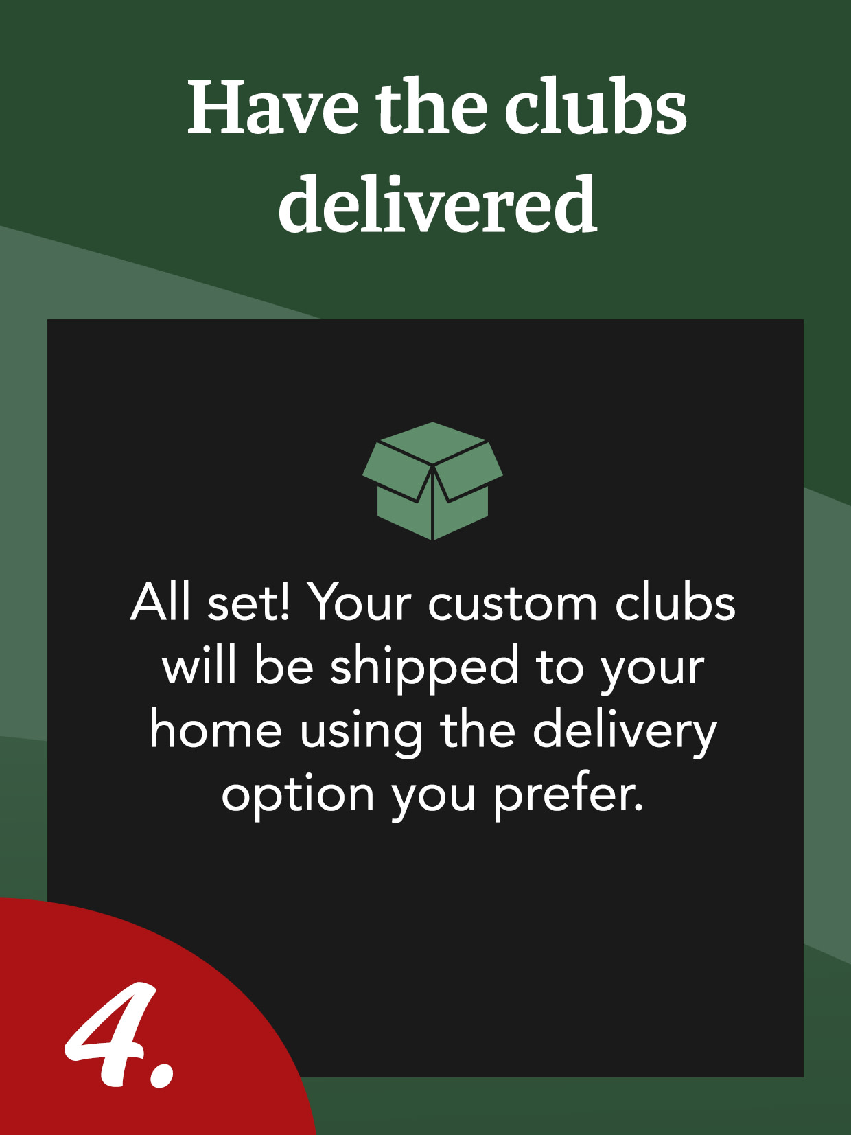 Text in German about the delivery of customised clubs, with an icon of an open box and the number 4 in a red corner.