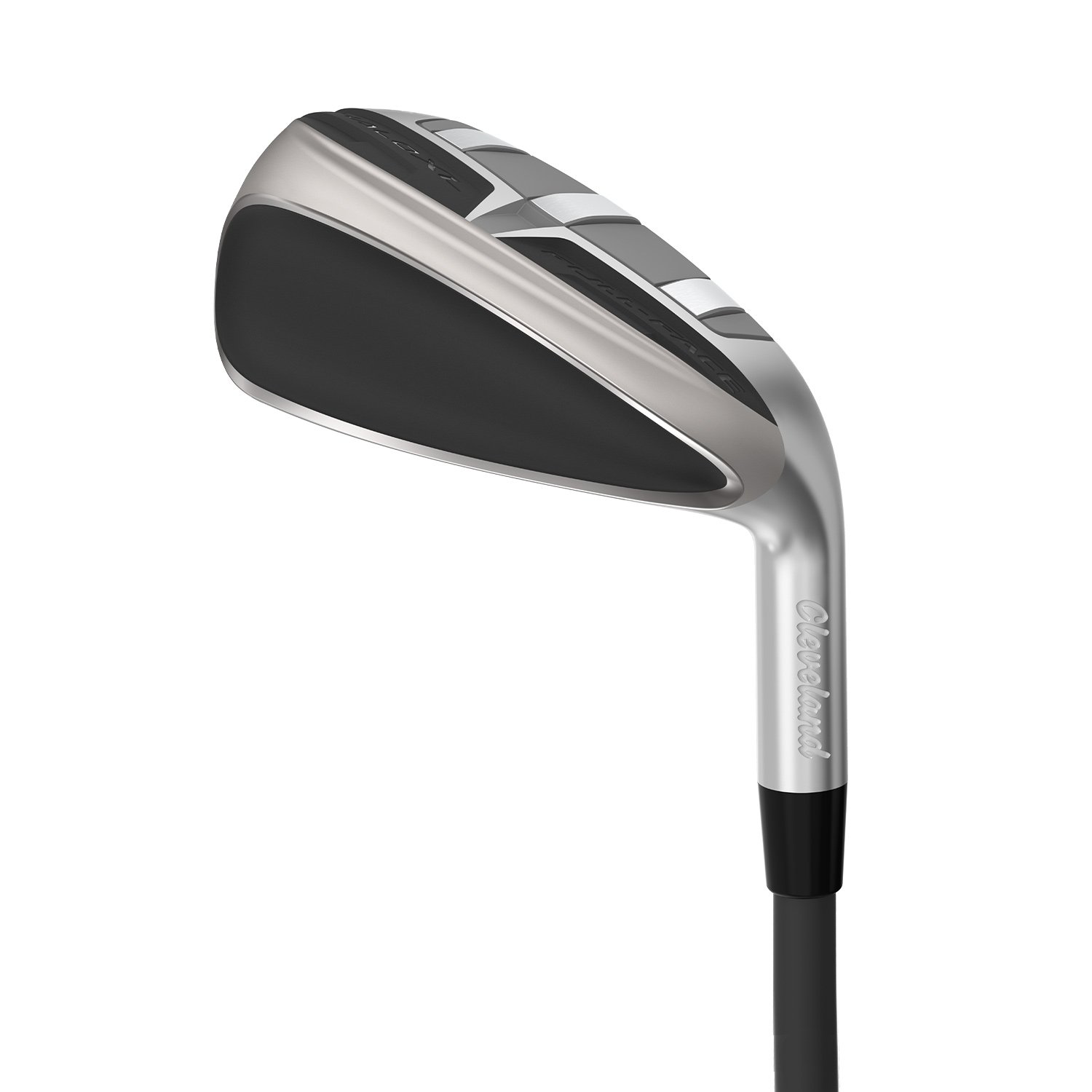 Golfklubba med silverfärgat huvud och svart träffyta, märkt med texten "Cleveland" på skaftet.