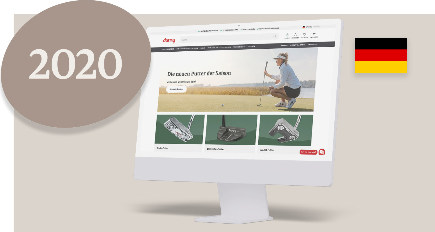 A computer screen displays Dormy’s German online shop featuring golf equipment, with large text reading "2020" and a German flag in the background.