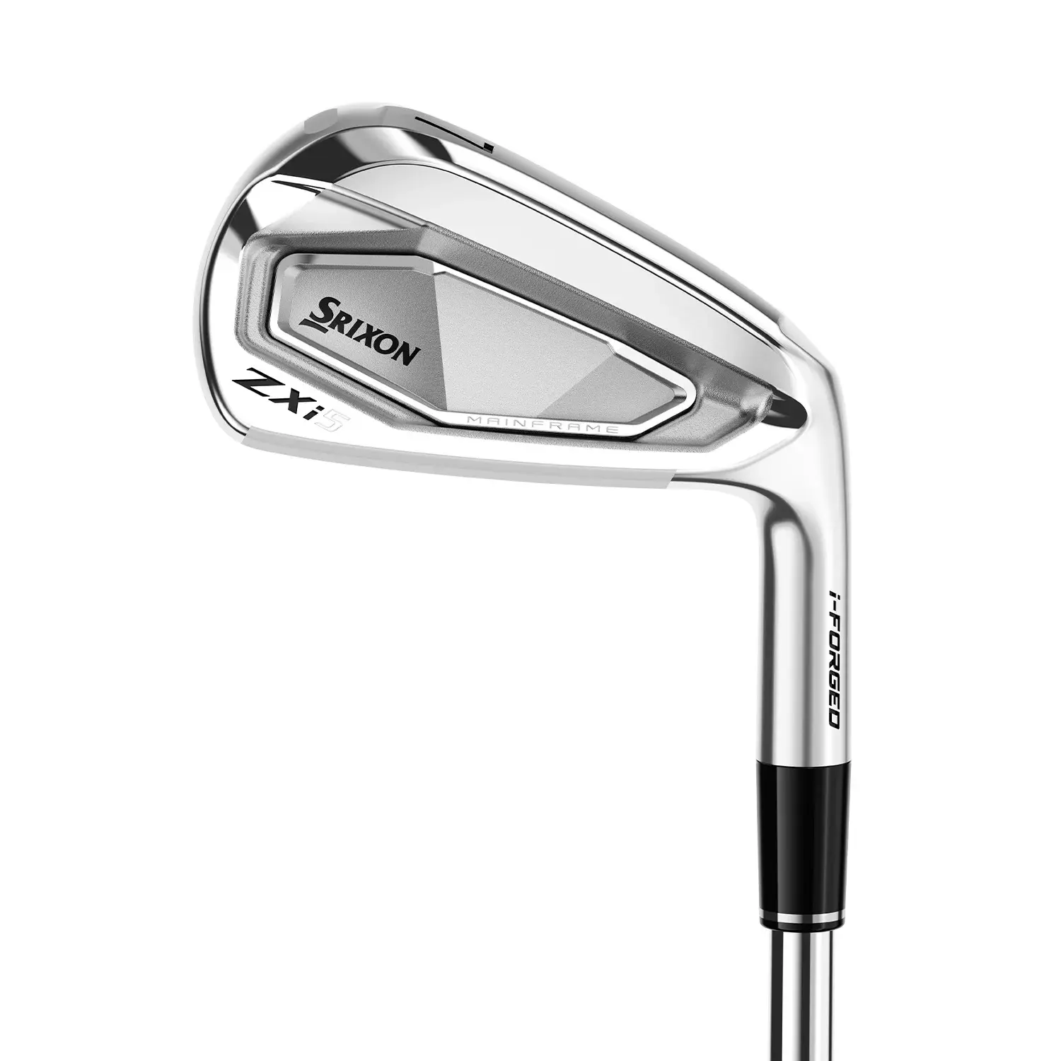 En Srixon ZX5 järnklubba i silver med texten "MAINFRAME" och "i-FORGED" på klubbhuvudet.