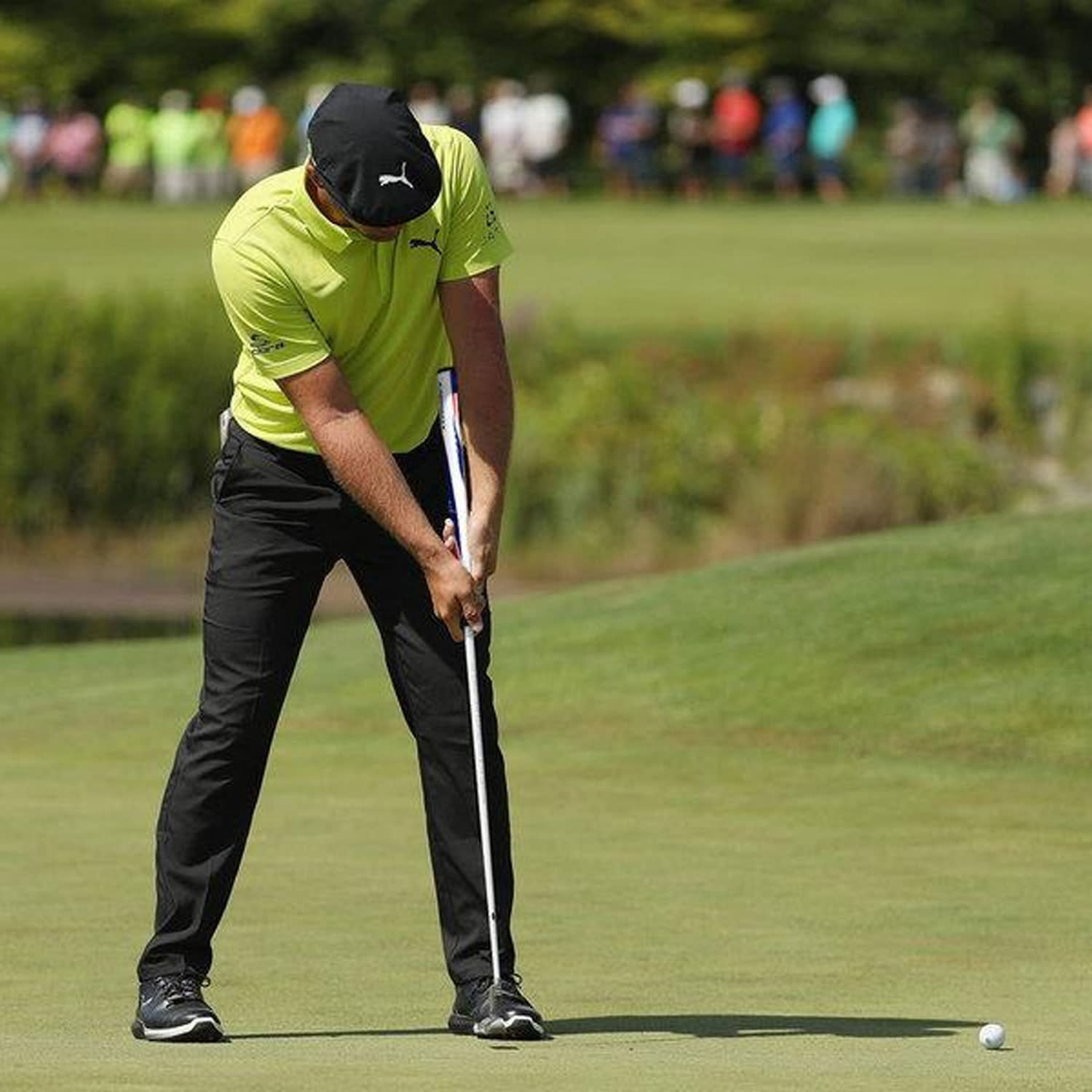 A golfer in a yellow shirt and black cap is putting a golf ball on the green during a competition, with spectators in the background.