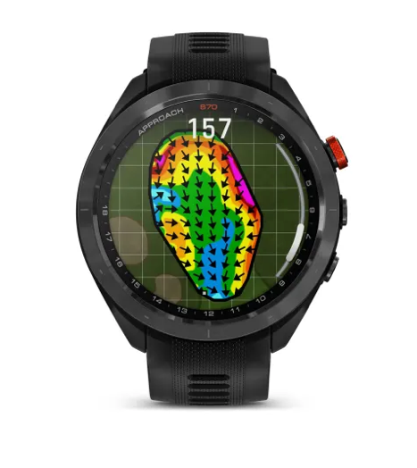 Svart sportklocka visar en färgglad golfbana med pilar och siffran 157 på skärmen, vilket indikerar vindriktning och avstånd.