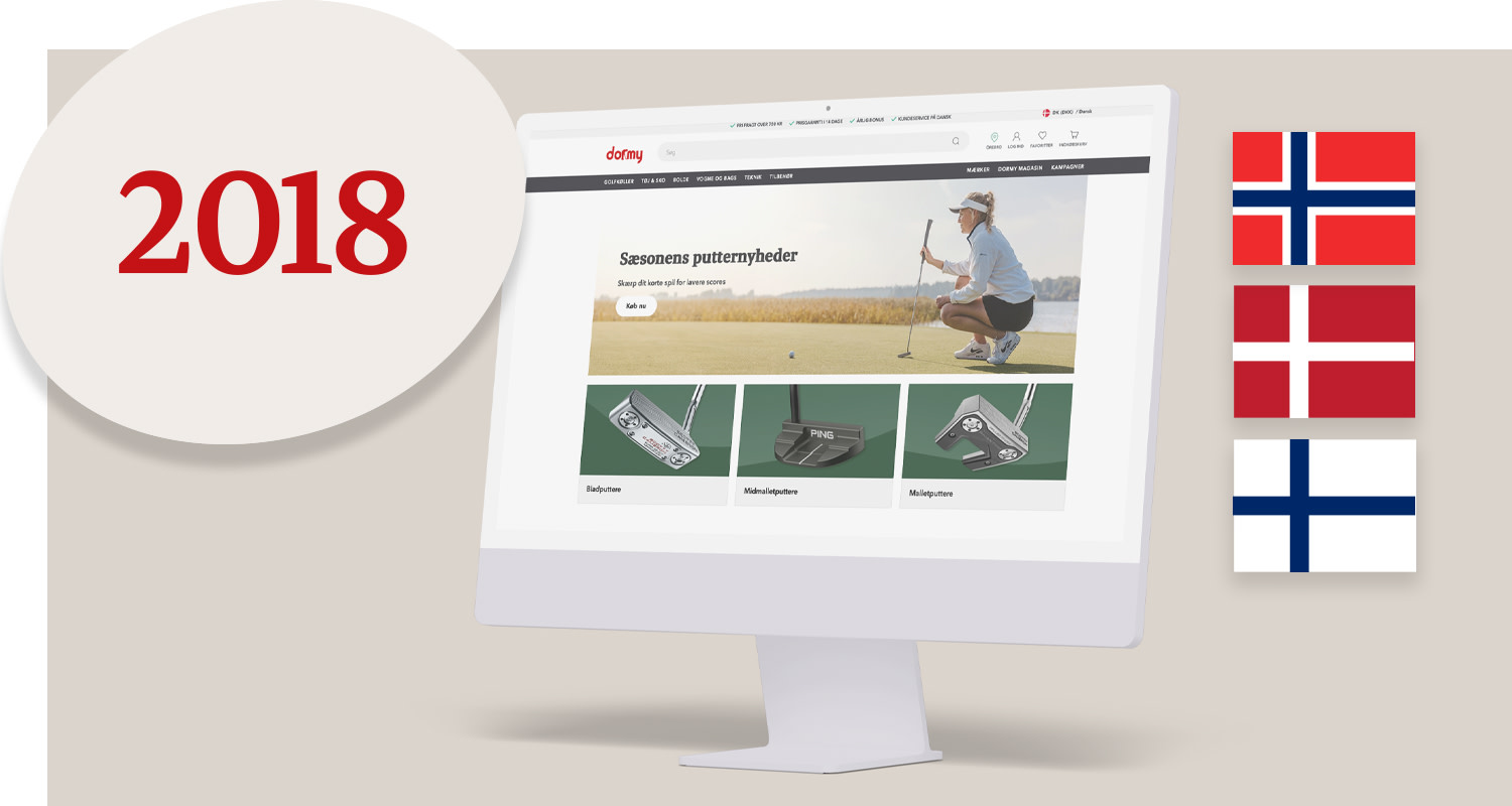 A computer screen displays a golf page, with the text "2018" on the left and flags for Norway, Denmark, and Finland on the right.