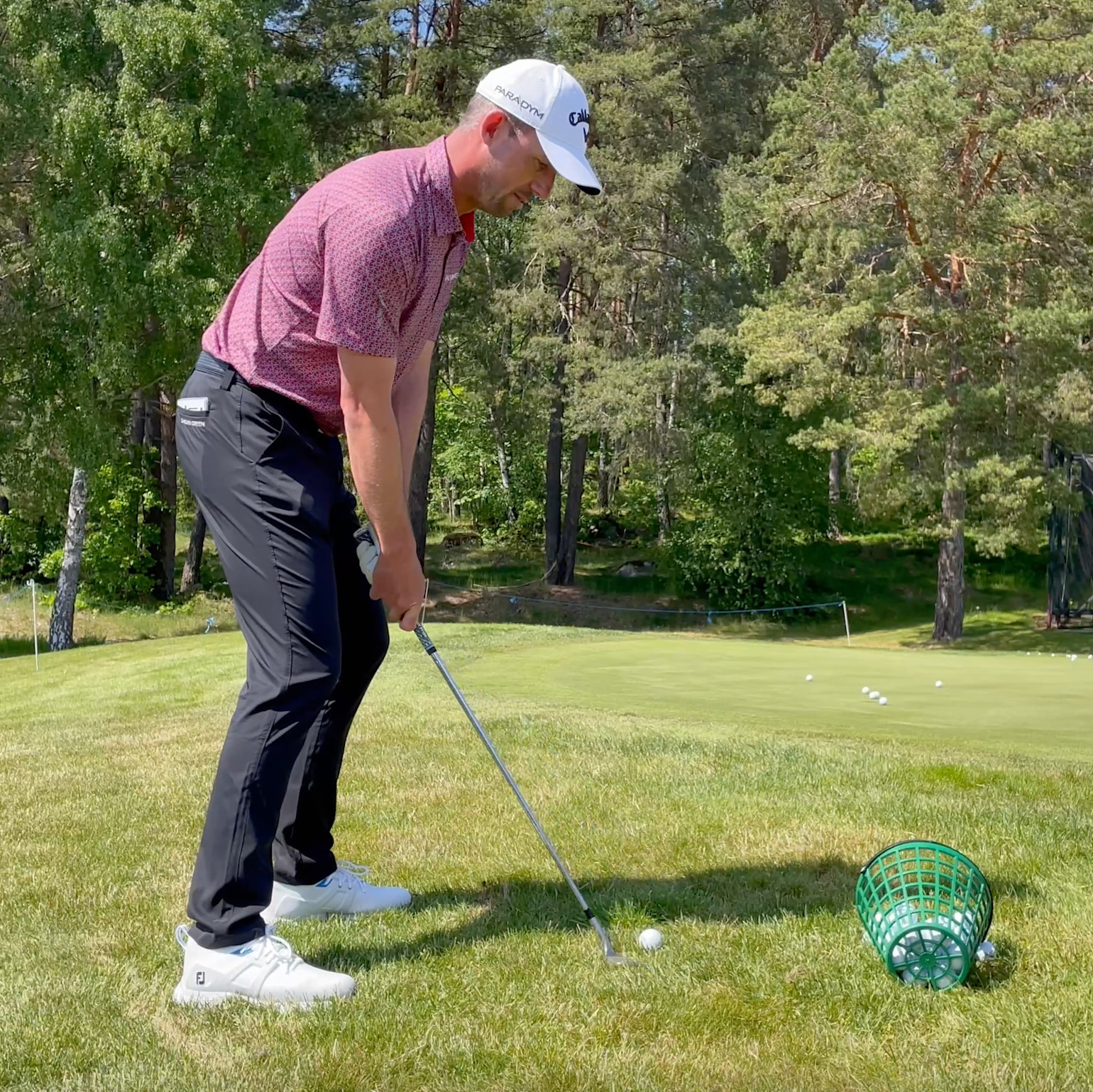 Man i röd pikétröja och vit keps förbereder ett golfslag på gräs nära green, med golfbollar och korg bredvid sig.