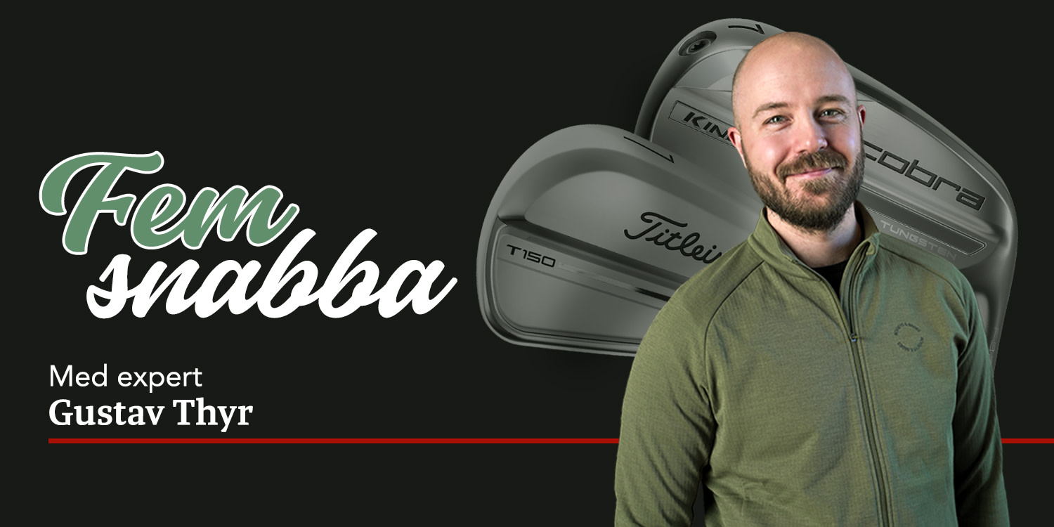 Man i grön jacka ler framför två golfklubbor, med texten "Fünf kurze Fragen" och "Experte Gustav Thyr" på svart bakgrund.