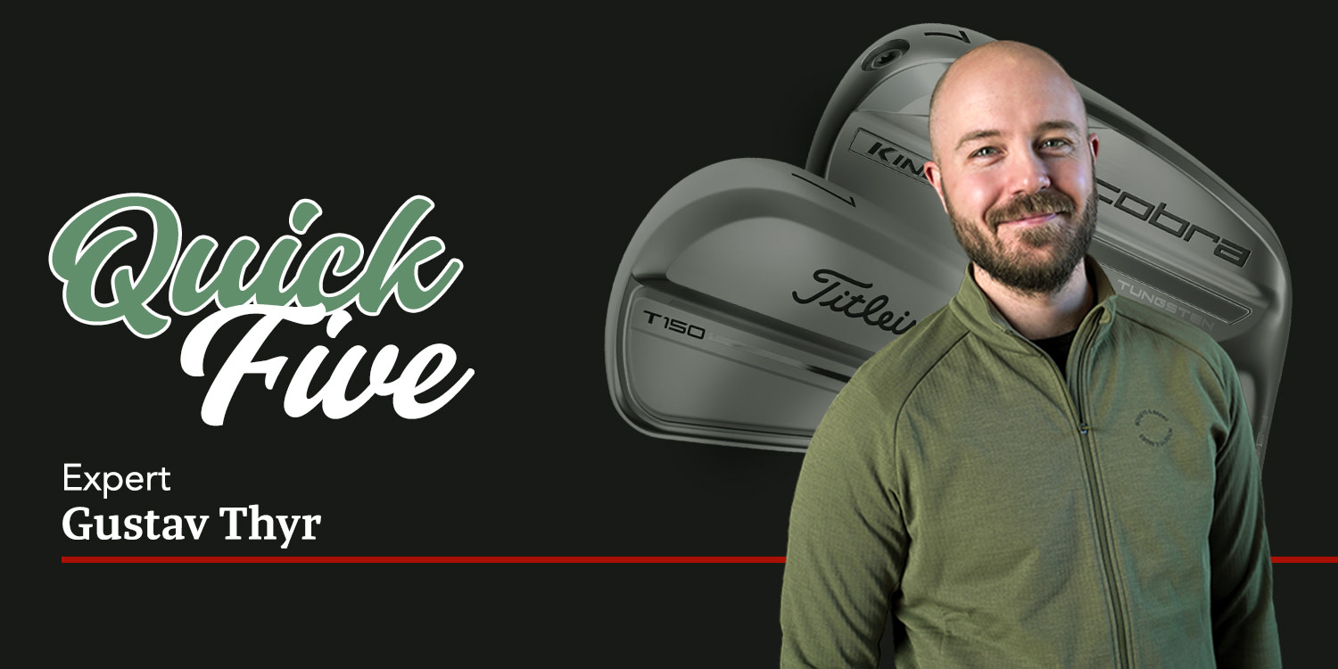 Man i grön jacka ler framför två golfklubbor, med texten "Fünf kurze Fragen" och "Experte Gustav Thyr" på svart bakgrund.

**British English rewrite:**

A man in a green jacket smiles in front of two golf clubs, with the text "Fünf kurze Fragen" and "Experte Gustav Thyr" on a black background.